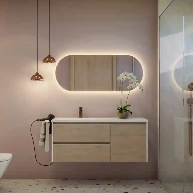 Móvel de casa de banho moderno Omni suspenso, com lavatório cerâmico de encostar, gaveta superior e compartimento inferior com porta.