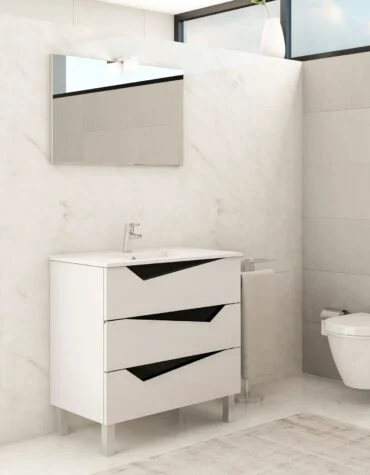 Móvel de casa de banho Splendia frisos com pés metálicos e frisos interiores lacados em contraste, gavetas brancas e lavatório encastrado