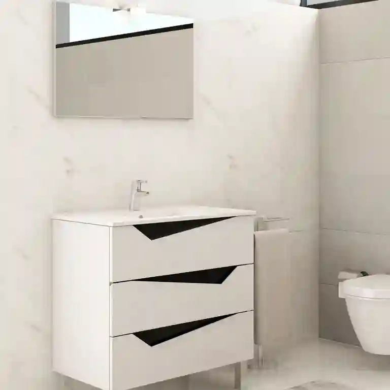 Movel de casa de banho Splendia frisos com pés 1 Móvel de casa de banho Splendia frisos com pés metálicos e frisos interiores lacados em contraste, gavetas brancas e lavatório encastrado