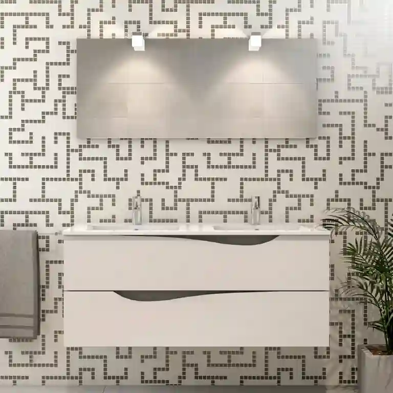 Móvel de casa de banho geométrico Royal 1 Móvel de casa de banho geométrico Royal suspenso, com duas gavetas de recortes sinuosos e tampo branco com dois lavatórios de encastrar