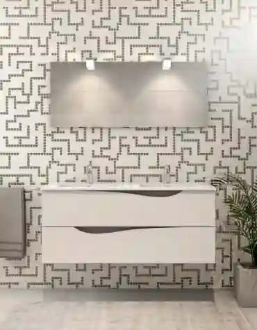 Móvel de casa de banho geométrico Royal suspenso, com duas gavetas de recortes sinuosos e tampo branco com dois lavatórios de encastrar