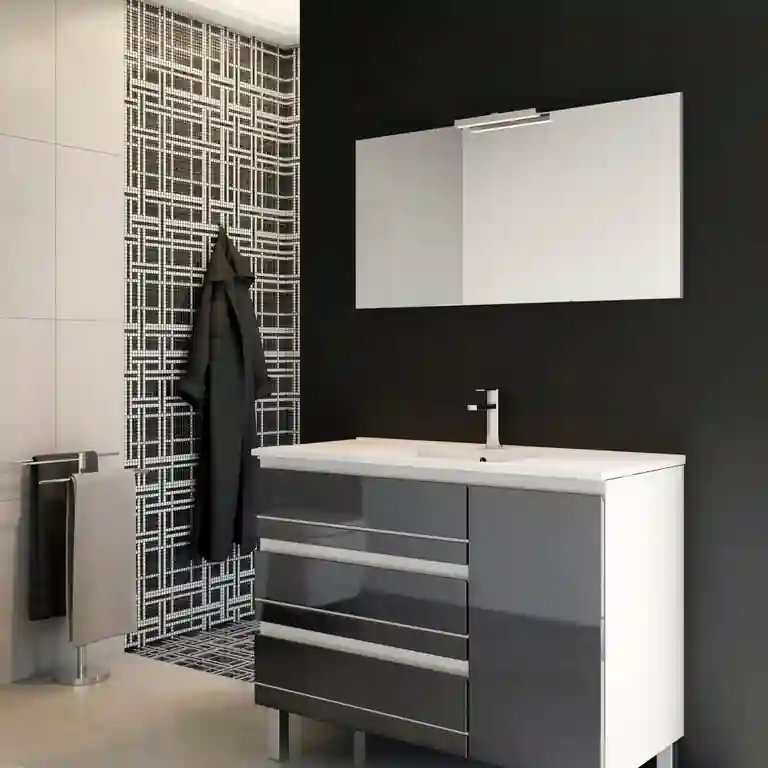 Móvel de casa de banho lacado Hilton com três gavetas, lavatório cerâmico e pés metálicos.