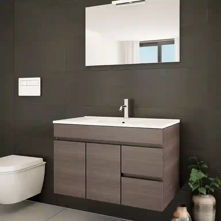 Móvel wc suspenso com lavatório Coimbra 1 Móvel wc suspenso com lavatório Coimbra em melamina, vista frontal com três portas e gavetão lateral.