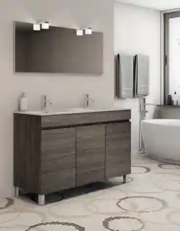 Móvel de casa de banho com portas Viana em nogueira escura, inclui lavatório e três portas.