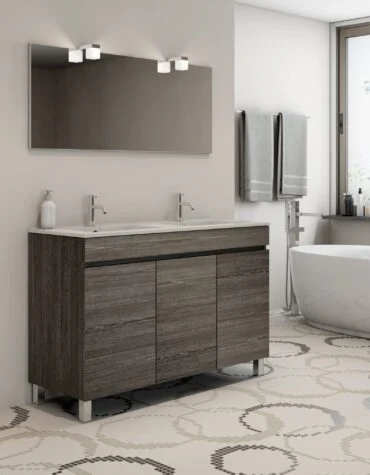 Móvel de casa de banho com portas Viana em nogueira escura, inclui lavatório e três portas.