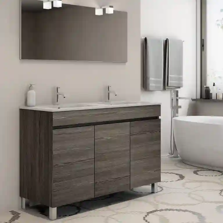 Móvel de casa de banho com portas Viana 1 Móvel de casa de banho com portas Viana em nogueira escura, inclui lavatório e três portas.