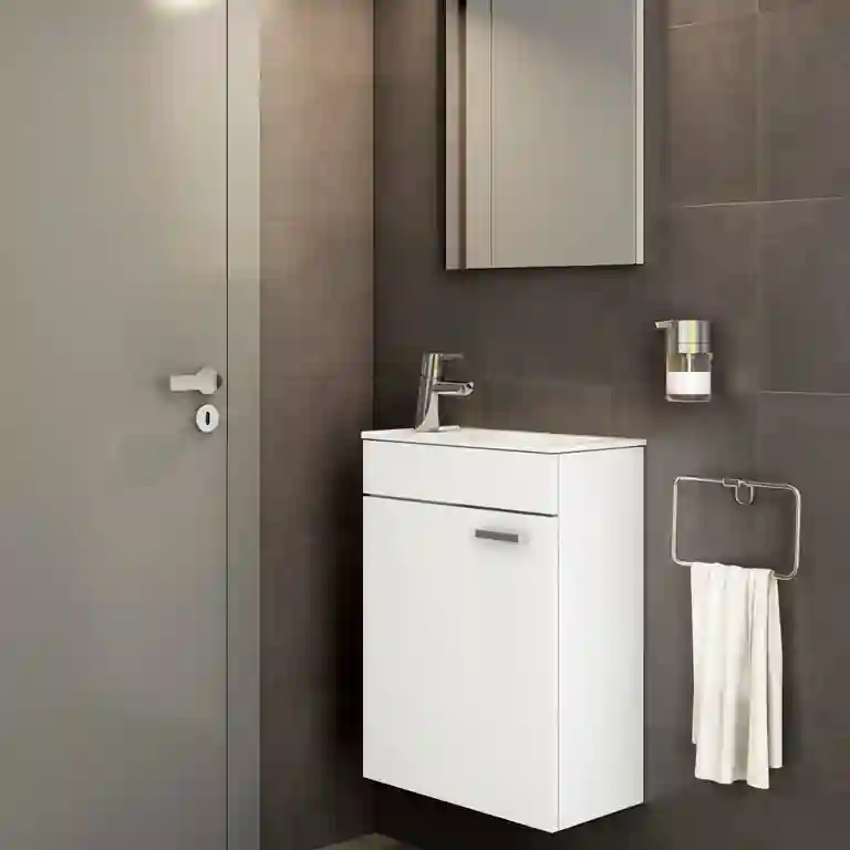 Móvel WC para espaços pequenos Mimo suspenso na parede, com lavatório cerâmico de encostar e compartimento único com porta