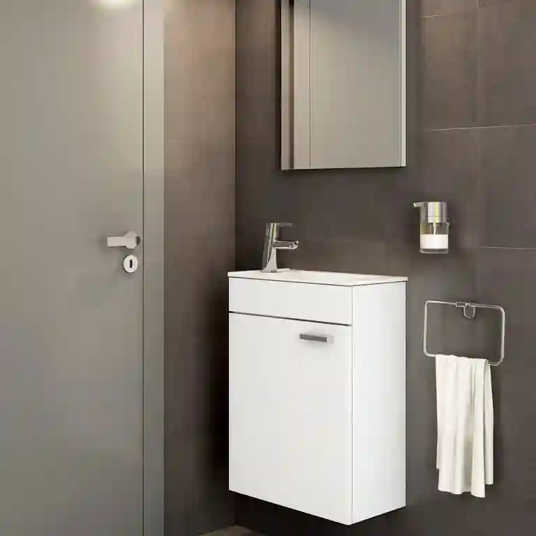 Móvel wc para espaços pequenos Mimo 1 Móvel WC para espaços pequenos Mimo suspenso na parede, com lavatório cerâmico de encostar e compartimento único com porta