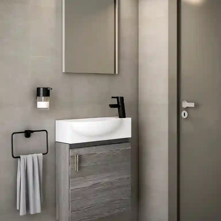 Móvel de casa de banho Mini 1 Móvel de casa de banho Mini suspenso com lavatório cerâmico de encastrar no tampo e porta frontal em melamina.