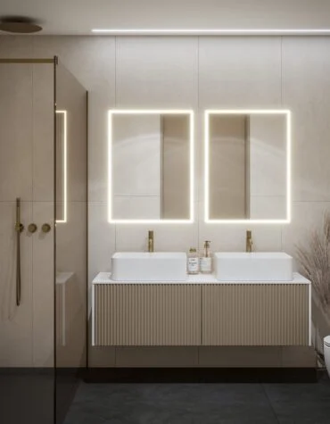 Móvel de casa de banho com tampo New Ripper suspenso na parede, corpo ripado em melamina e tampo contínuo branco com cubas de apoio.