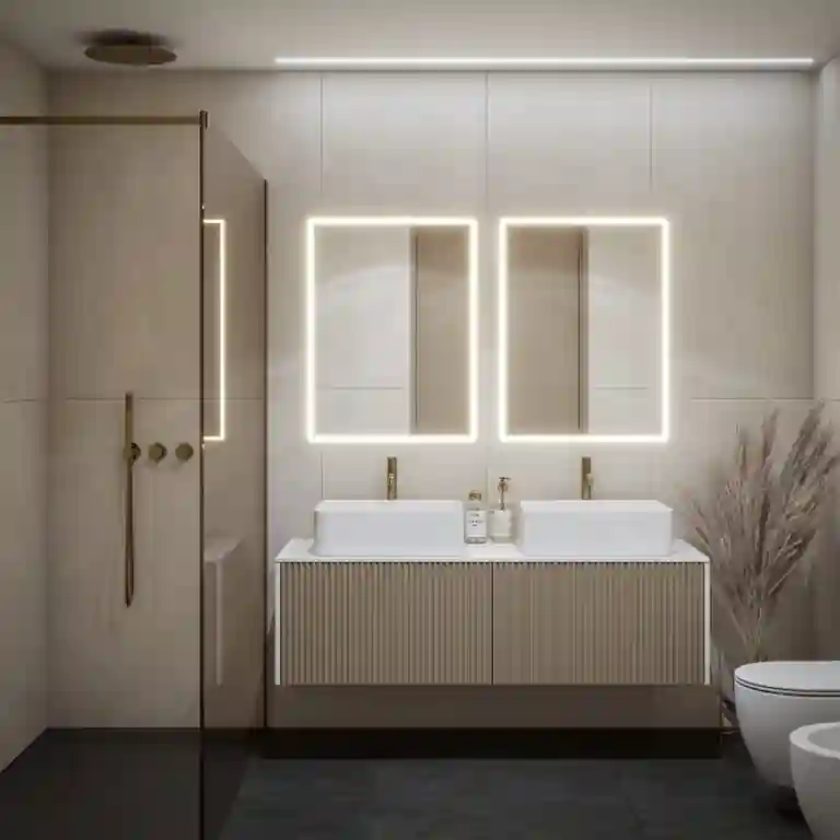 Móvel de casa de banho com tampo New Ripper suspenso na parede, corpo ripado em melamina e tampo contínuo branco com cubas de apoio.