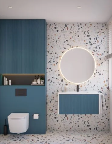 Móvel de casa de banho ripado New Ripper suspenso, com frentes verticais em melamina texturada e lavatório cerâmico de encastrar, contra parede decorativa.