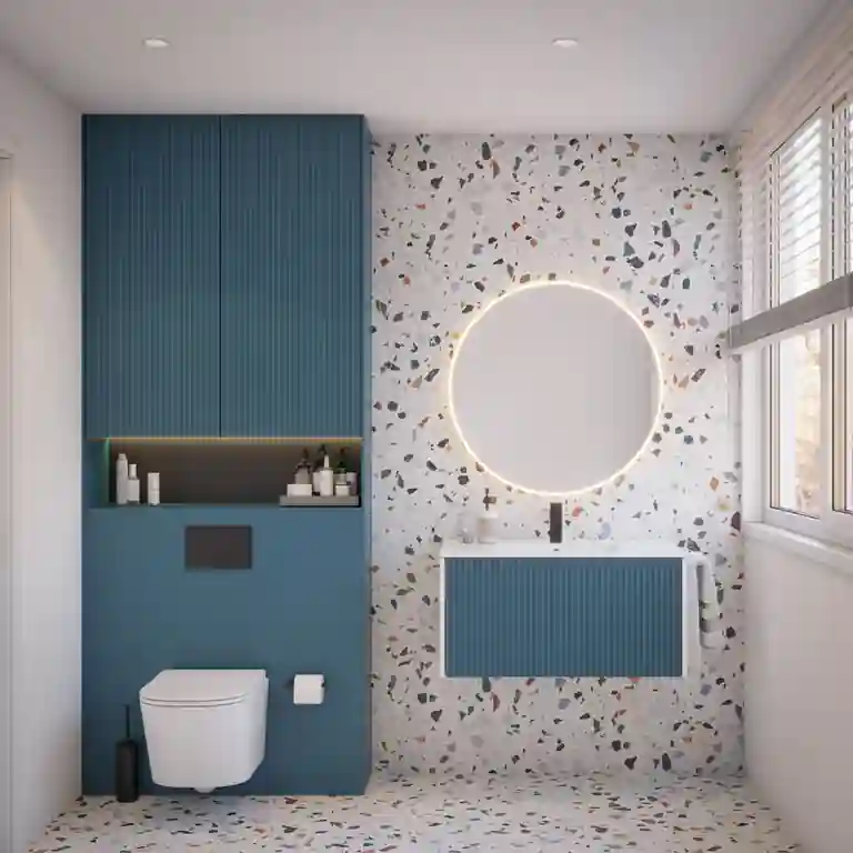 Móvel de casa de banho ripado New Ripper suspenso, com frentes verticais em melamina texturada e lavatório cerâmico de encastrar, contra parede decorativa.