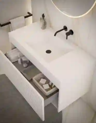 movel casa de banho bancada alta New Ripper, bancada alta New Ripper, movel suspenso New Ripper, gaveta ripada New Ripper, tampo elevado New Ripper, design New Ripper, mobiliário WC New Ripper, arrumação suspensa New Ripper, textura ripada, lavatório integrado New Ripper, moveis banho flutuantes, New Ripper bancada alta