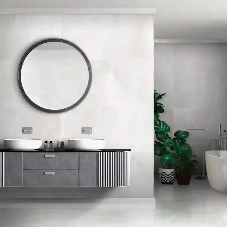 Pavimento cerâmico Brescia polido 1 Ambiente moderno com pavimento Brescia – base neutra e luminosa em estilo contemporâneo