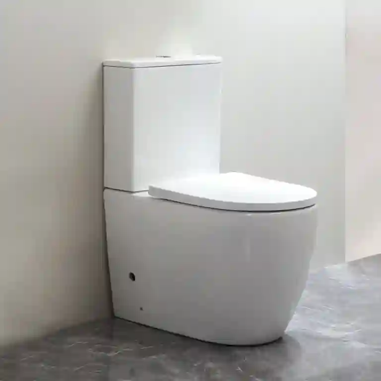 Sanita compacta ao chão oval Assis instalada sobre pavimento em mármore cinza, com design suave e moderno.