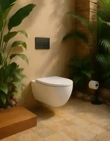 Sanita suspensa oval Assis branco num ambiente com plantas tropicais e parede em tom natural — design leve e orgânico.