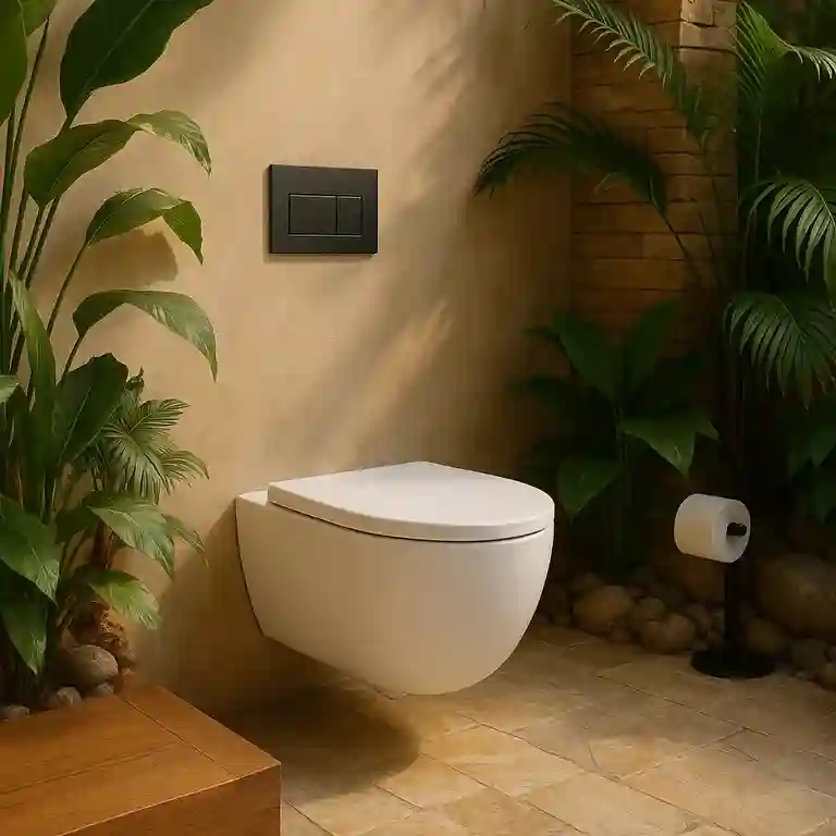 Sanita suspensa oval Assis branco 1 Sanita suspensa oval Assis branco num ambiente com plantas tropicais e parede em tom natural — design leve e orgânico.