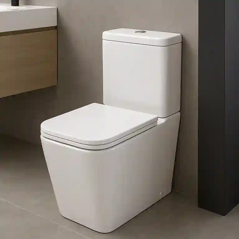 Sanita Quadrada Compacta Atlanta 1 Sanita quadrada compacta Atlanta instalada em casa de banho moderna com acabamento em madeira e paredes neutras.