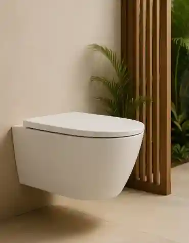 Sanita suspensa branca reta Luca instalada num ambiente minimalista com fundo natural e elementos de madeira.