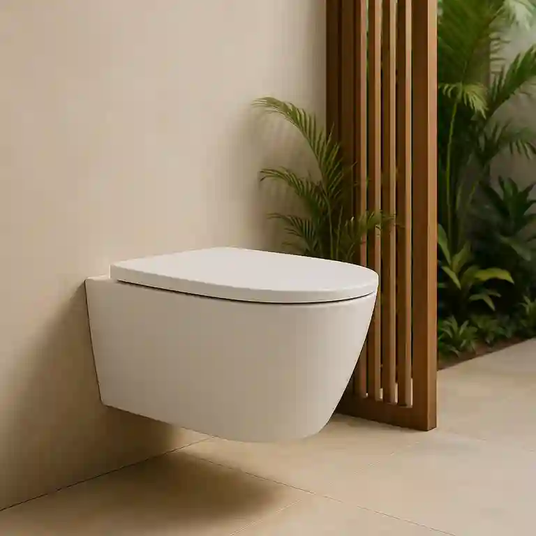 Sanita suspensa branca reta Luca 1 Sanita suspensa branca reta Luca instalada num ambiente minimalista com fundo natural e elementos de madeira.