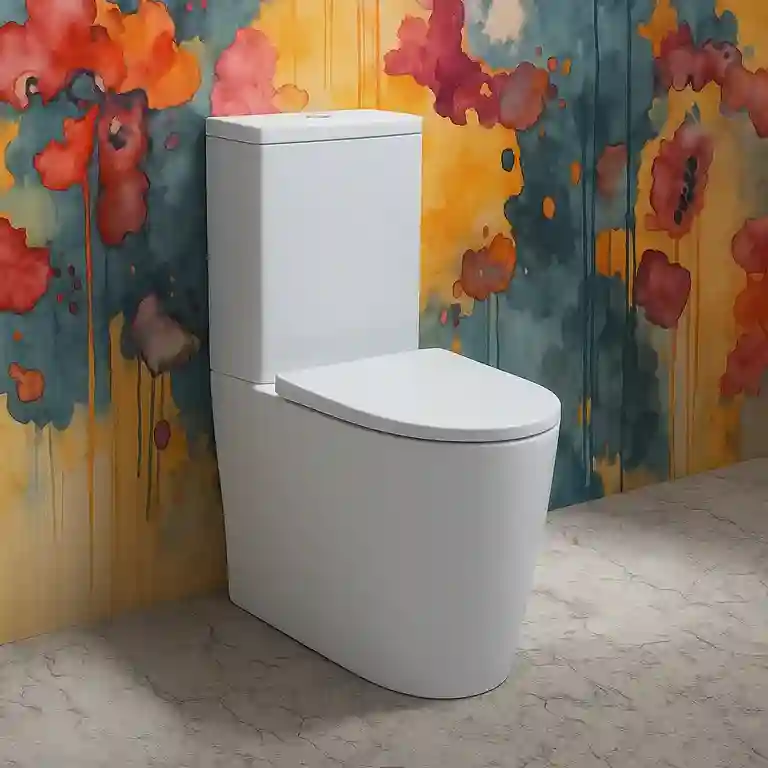 Sanita moderna Luca Compacta 1 Sanita moderna Luca Compacta instalada junto a parede com padrão artístico, sobre chão em pedra clara — combinação de funcionalidade e design contemporâneo.