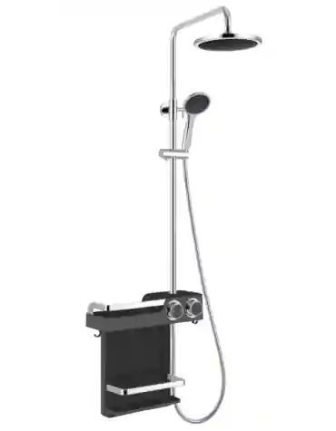 Coluna de duche Princesa com tubo redondo, chuveiro superior e módulo de prateleiras instalado em casa de banho moderna