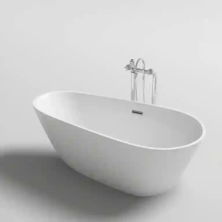 Banheira independente Constance com encosto elevado e linhas assimétricas para casas de banho com design contemporâneo