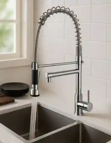 Torneira de cozinha industrial com chuveiro extraível e braço articulado em inox escovado, instalada numa bancada branca com fundo em azulejo liso e pratos pretos empilhados, em ambiente moderno e funcional.