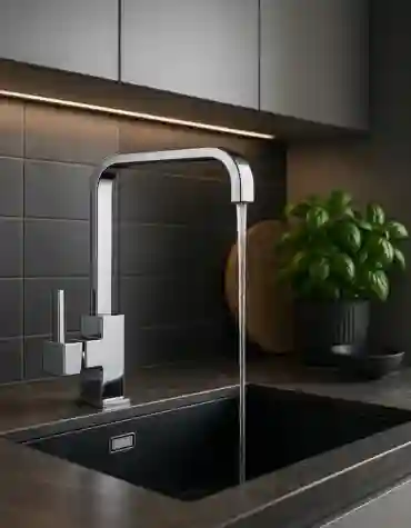 Torneira de cozinha moderna Alpes em inox com bica alta sobre bancada escura e fundo em azulejo preto mate