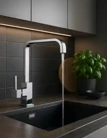 Torneira de cozinha moderna Alpes em inox com bica alta sobre bancada escura e fundo em azulejo preto mate