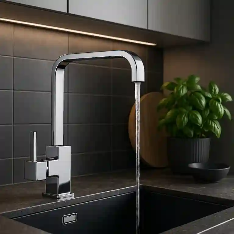 Torneira de cozinha moderna Alpes em inox com bica alta sobre bancada escura e fundo em azulejo preto mate