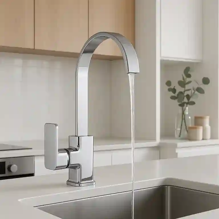 Torneira de cozinha Enigma cascata com bica quadrada em arco e jato suave, acabamento cromado e manípulo lateral largo, instalada em bancada clara com fundo branco e decoração minimalista.