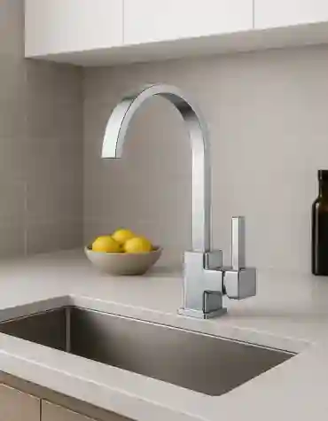 orneira de cozinha moderna Aliança em acabamento cromado com design em arco alto e fluxo de água em cascata, instalada sobre bancada clara com lava-louça inox embutido, num ambiente de cozinha contemporâneo e minimalista.