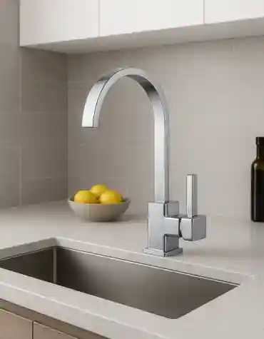 orneira de cozinha moderna Aliança em acabamento cromado com design em arco alto e fluxo de água em cascata, instalada sobre bancada clara com lava-louça inox embutido, num ambiente de cozinha contemporâneo e minimalista.