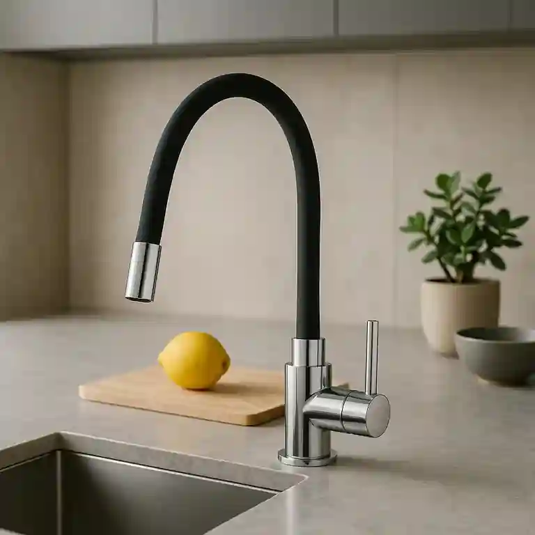 Torneira de cozinha flexível Bogotá com tubo preto em silicone e base cromada, instalada em bancada clara com fundo bege e acessórios decorativos naturais.