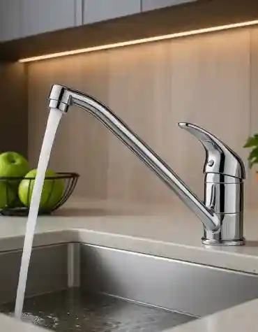 Torneira de cozinha clássica com acabamento cromado e manípulo superior, instalada numa bancada clara com lava-loiça em inox e fundo em madeira clara.