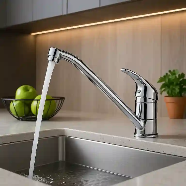 Torneira de cozinha Clássica 1 Torneira de cozinha clássica com acabamento cromado e manípulo superior, instalada numa bancada clara com lava-loiça em inox e fundo em madeira clara.