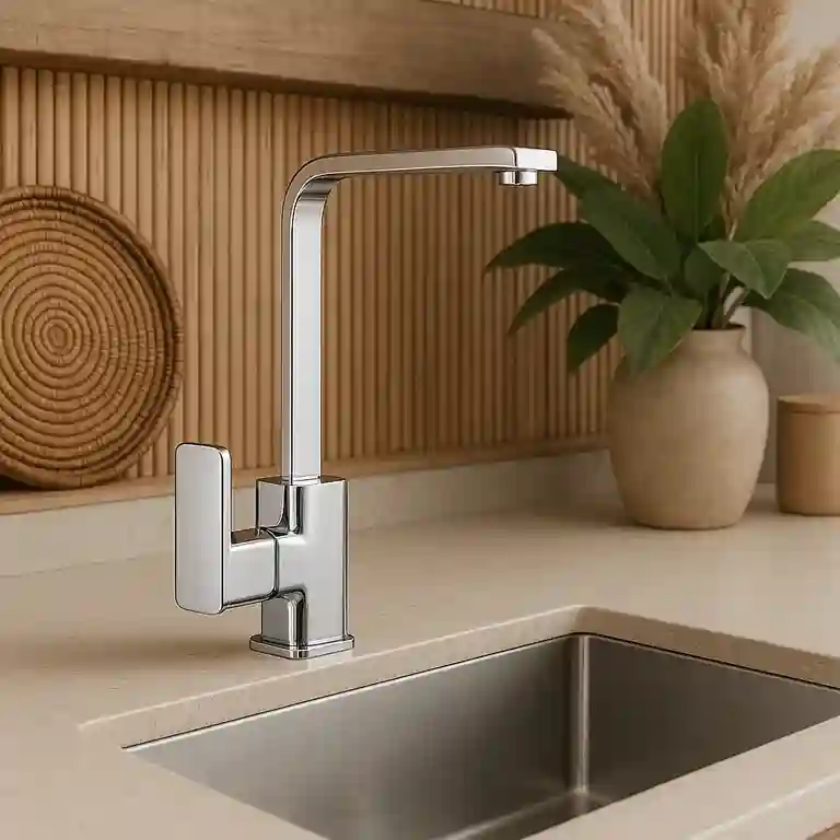 Torneira de cozinha elegante Eva 1 Torneira de cozinha elegante Eva com bica alta cromada e manípulo lateral largo, instalada em bancada bege com fundo decorativo em madeira natural e vaso com folhagem verde.