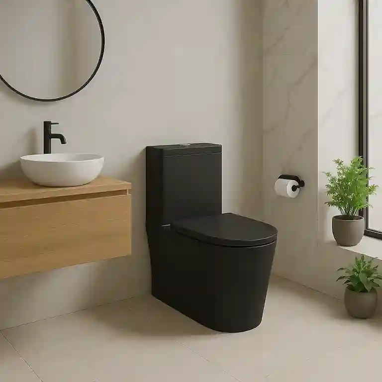Sanita preta compacta Juca instalada em casa de banho moderna com móveis em madeira e parede clara — estilo sofisticado e contemporâneo.