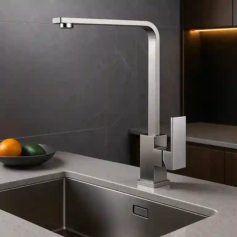 Torneira de cozinha Proa mate escovado 1 Torneira de cozinha Proa mate escovado com design geométrico, acabamento escovado acetinado e manípulo largo, instalada numa bancada moderna com lava-loiça em inox sob iluminação indireta.