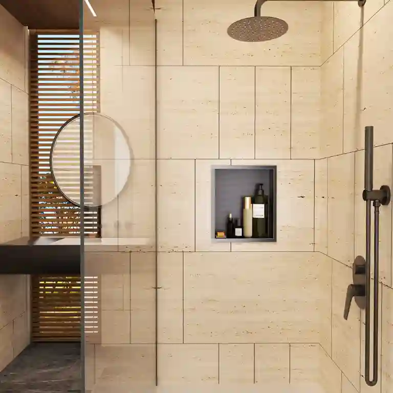 Nicho de duche quadrado Atlantic 30x30 1 nicho de duche quadrado Atlantic 30x30 embutido em parede de duche moderna