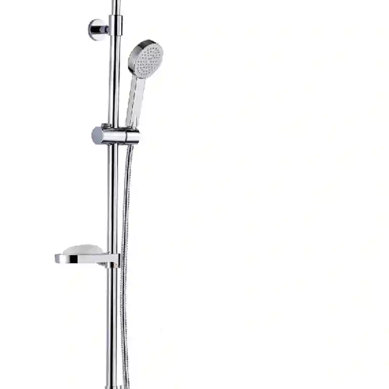 Coluna de duche Clássica 1 Coluna de duche Clássica com duche de mão e prateleira instalada em ambiente neutro e funcional