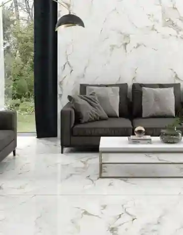 Sala com pavimento cerâmico Diphda Gold marmore 60x120 – mármore polido branco com veios dourados