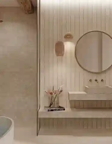 Interior minimalista com chão Pavimento cerâmico Etna – textura orgânica suave