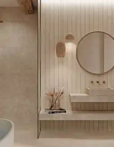 Interior minimalista com chão Pavimento cerâmico Etna – textura orgânica suave