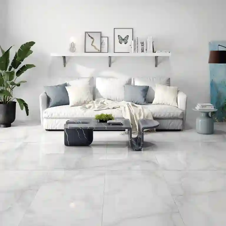 Sala de estar com pavimento cerâmico 60x120 Alpha – decoração neutra e luz natural envolvente