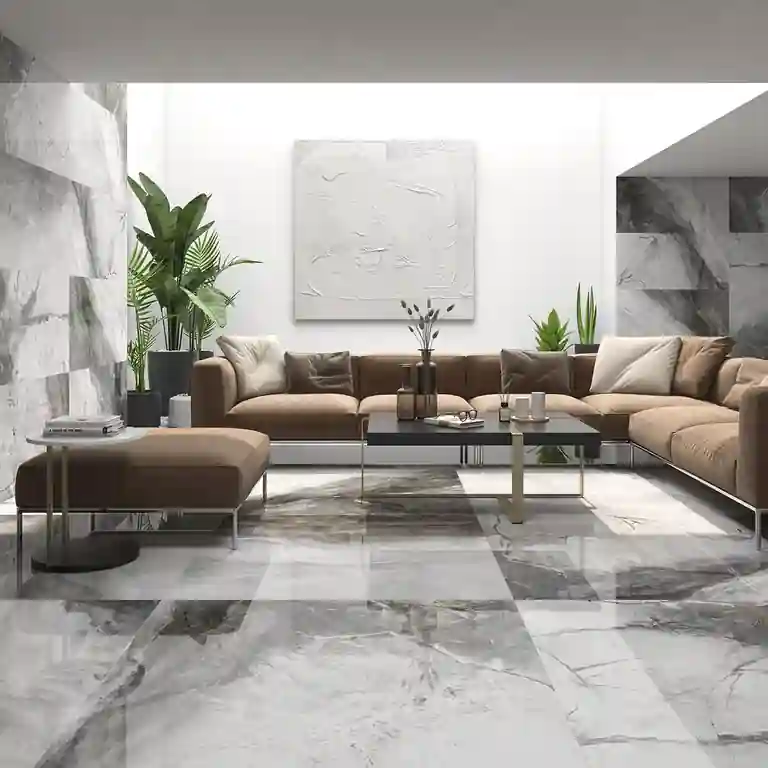 Sala moderna com chão em cerâmica polida Indivisible – decoração sofisticada e contemporânea