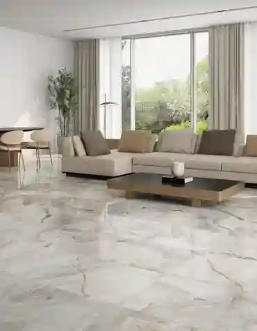 Sala ampla com pavimento cerâmico Eunoia polido – brilho e sofisticação no piso