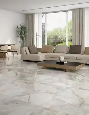 Sala ampla com pavimento cerâmico Eunoia polido – brilho e sofisticação no piso